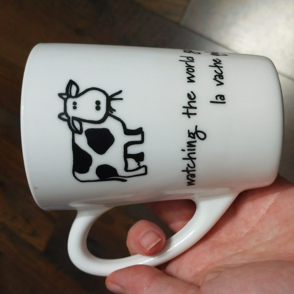 Vintage cow mug, watching the world go by, Belgian cow